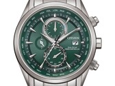 Citizen World Chronograph A.T. AT8260-85X watch with a green dial, stainless steel case and bracelet, three subdials, and a world-time scale.