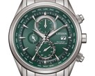 Citizen World Chronograph A.T. AT8260-85X watch with a green dial, stainless steel case and bracelet, three subdials, and a world-time scale.