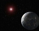 An artist's illustration showing a planet and a red star.