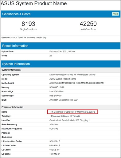 Intel Core i9-11900K. (Image source: Geekbench 4)