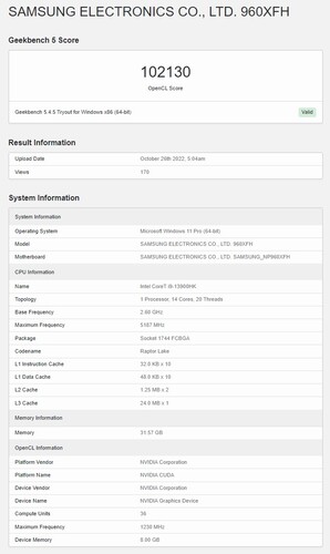 Purported Samsung Galaxy Book 3 Ultra with Core i9-13900HK and RTX 4070 in Geekbench OpenCL. (Source: Geekbench)
