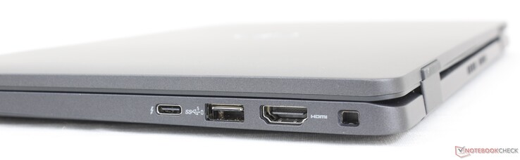 Right: USB-C w/ Thunderbolt 4 + Power Delivery + DisplayPort, USB-A 3.2 Gen. 1, HDMI 2.0, Wedge shaped lock