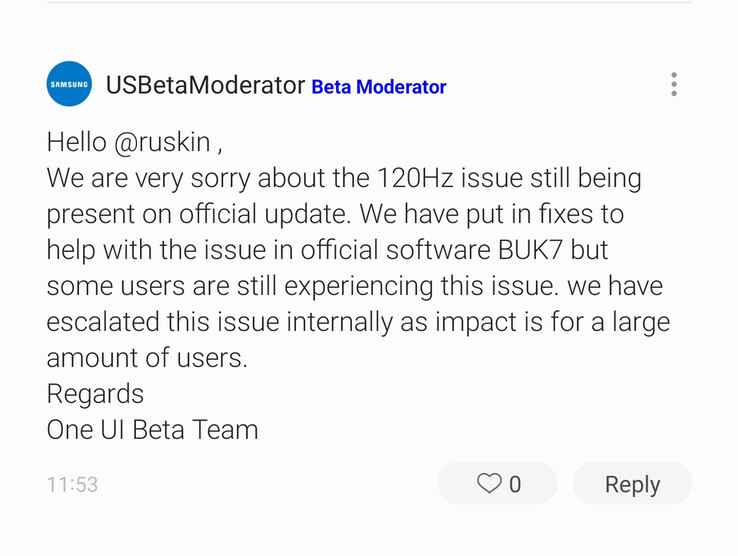A Samsung forum moderator reportedly responds to an S21-series user's One UI 4 120Hz bug complaint. (Source: SamMobile)