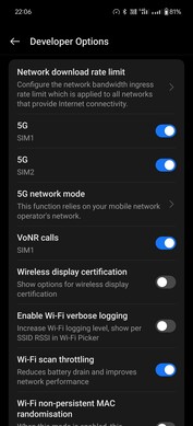 VoNR in Developer Options