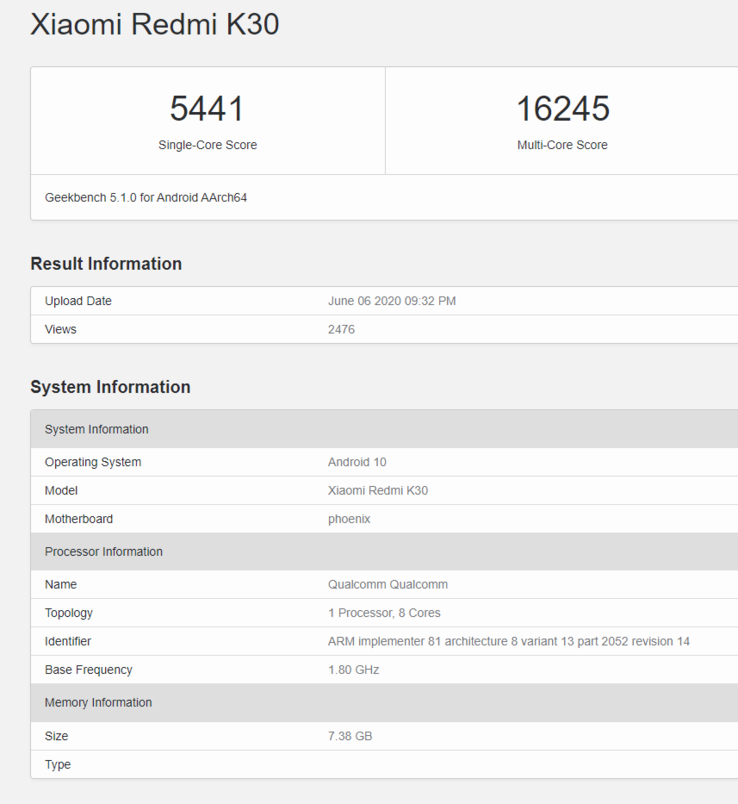 Anomalous Redmi K30 listing in Geekbench 5. (Source: Geekbench)