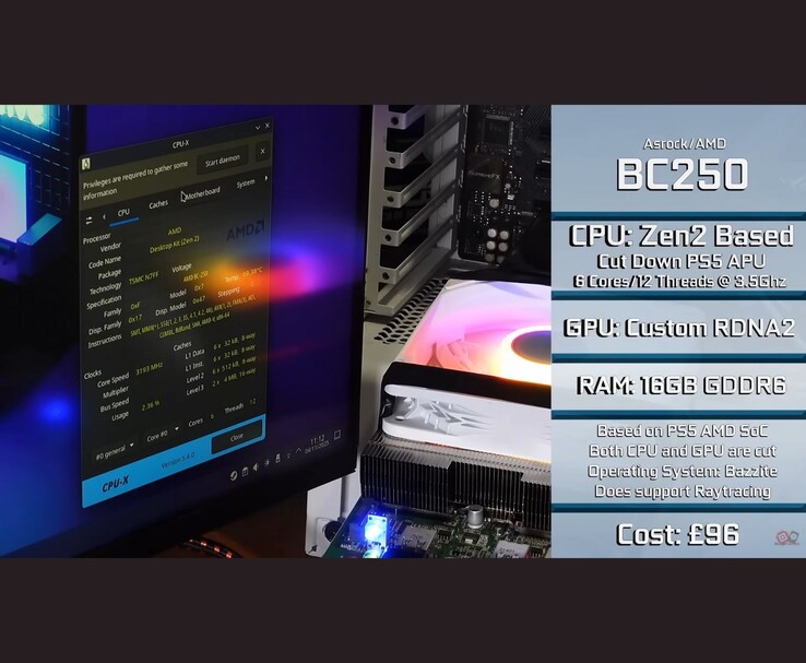AMD BC250 running in a desktop setup, showing system specifications. (Image source: Budget-Builds Official via YouTube)