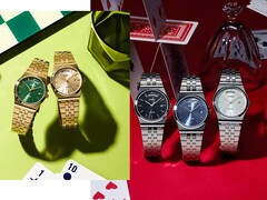 Promotional image showing Casio's MTP-B146 collection, including silver and gold-tone stainless steel watches with black, light blue, green, and champagne dials, each featuring a curved day display at the 12 o'clock position.