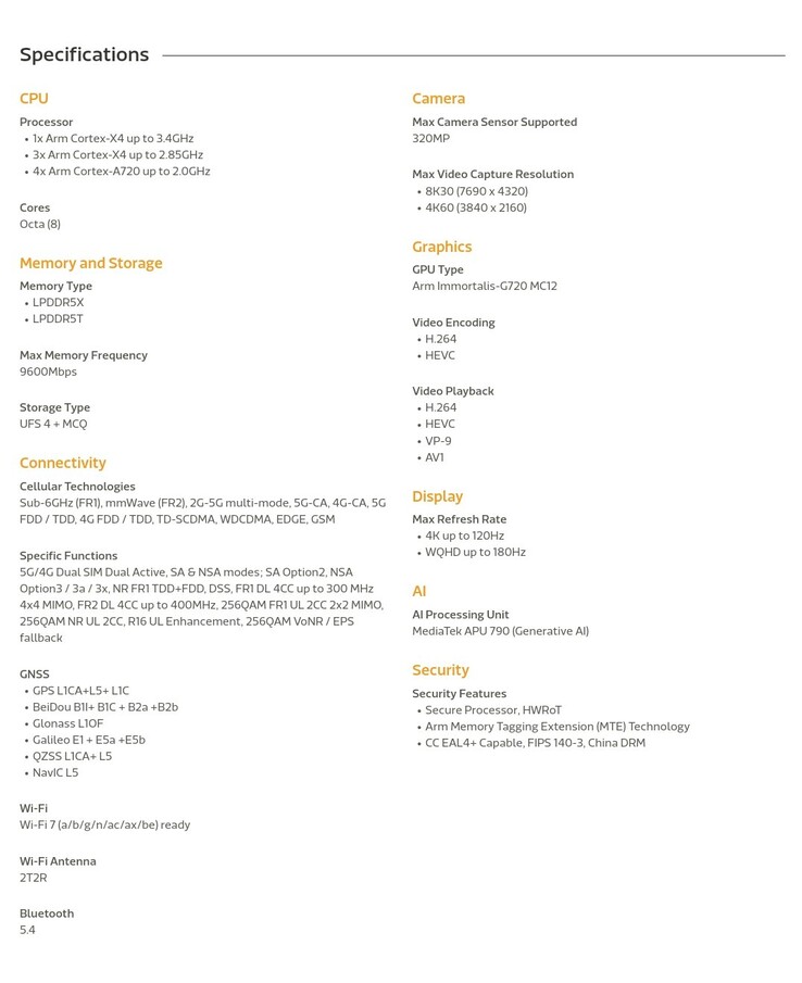 MediaTek Dimensity 9300+ specifications (image via MediaTek)