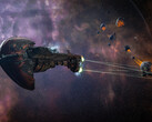 In-game footage of a ship engaging space asteroids in Eve Online (image source: SteamDB)
