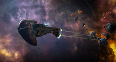 In-game footage of a ship engaging space asteroids in Eve Online (image source: SteamDB)