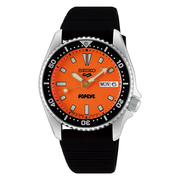 Front view of the Seiko 5 Sports x Popeye HDB013 showing its orange dial, black rotating bezel,