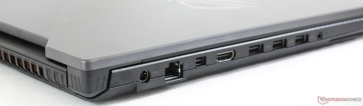 Left: AC adapter, Gigabit RJ-45, mDP 1.2, HDMI 2.0, 3x USB 3.1 Type-A, 3.5 mm combo audio