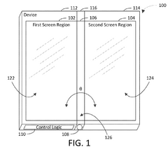 The numbers 106, 116, and 126 point to where the hinge screen would be located. (Source: Free Patents Online)