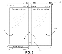 The numbers 106, 116, and 126 point to where the hinge screen would be located. (Source: Free Patents Online)