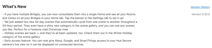 The Philips Hue app version 5.32.0 release notes. (Image source: Philips Hue)