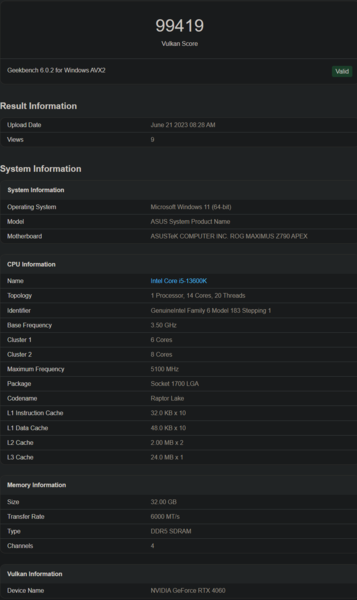 Nvidia GeForce RTX 4060 Vulkan performance (image via Geekbench)