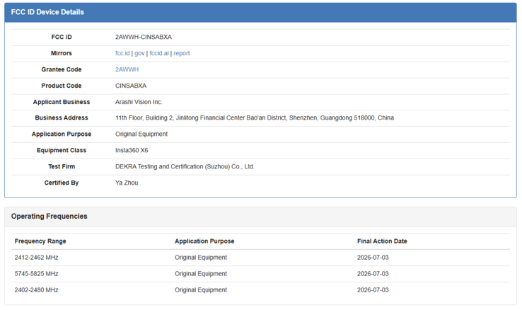 Screenshot of the FCC listing for the Insta360 x6.