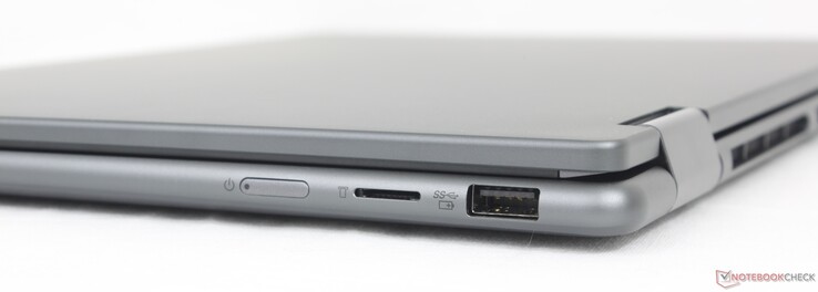 Right: Power button, MicroSD reader, USB-A (5 Gbps)