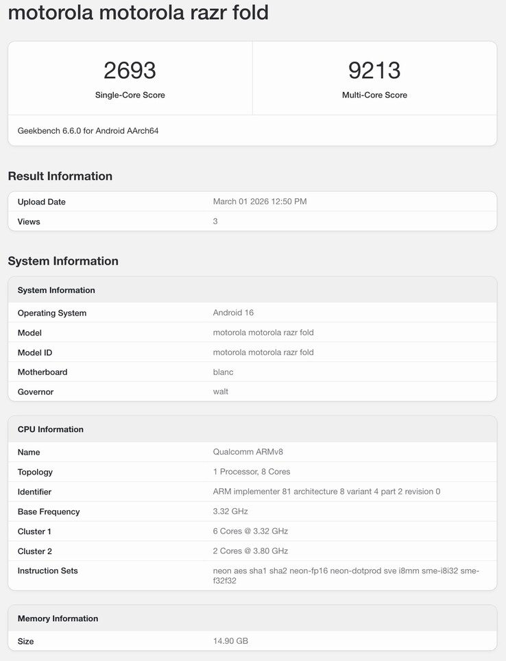 Geekbench listing of the Motorola Razr Fold.