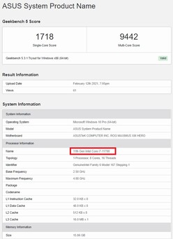 Intel Core i7-11700. (Image source: Geekbench)