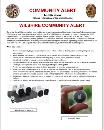 LAPD is warning home owners about thieves using Wi-Fi jammers to easily bypass home security systems. (Source: LAPD on X)