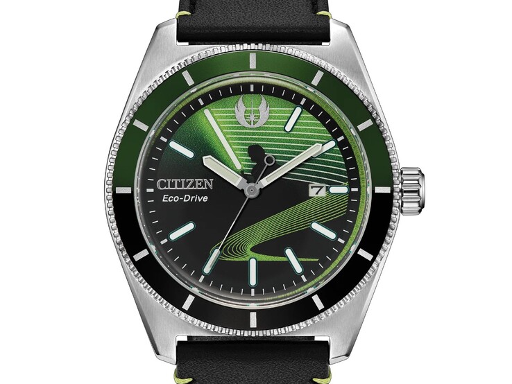 Citizen Luke Skywalker, Jedi Master AW1910-48W watch with its black-and-green dial, Luke Skywalker silhouette, and green lightsaber-inspired design.
