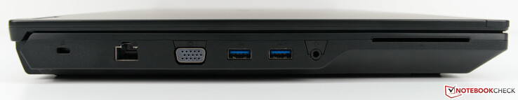 Left-hand side: Kensington lock slot, VGA, 2 x USB 3.0 Type-A, 3.5 mm combined headphone and microphone jack, smart card reader