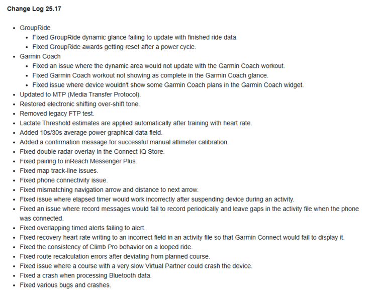 The change log for beta update 25.17 for the Garmin X40 Edge devices. (Image source: Garmin)