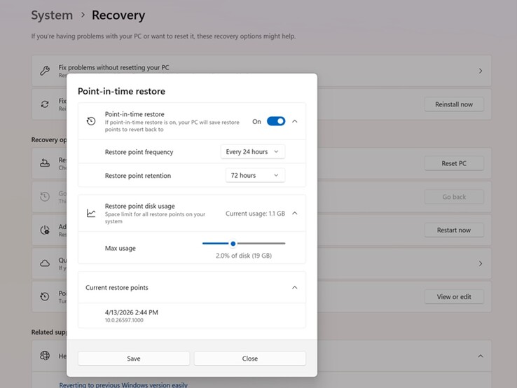 Microsoft's Point-in-time Restore interface.