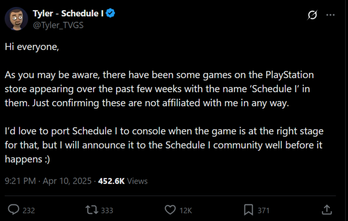 Schedule 1 developer on console port X post (Image source: screenshot, Tyler_TVGS X account)