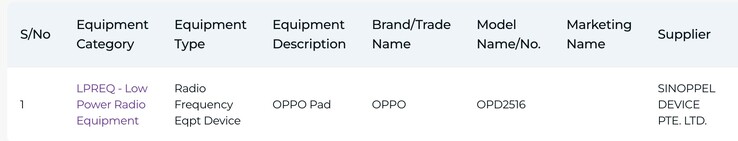 IMDA listing of the Oppo tablet with model number