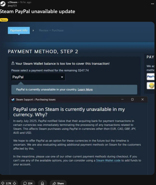 Steam Support message on using PayPal during checkout (Image source: screenshot, Steam subreddit)
