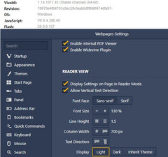 Vivaldi Browser 1.14.1077.41 vertical reading setting, Vivaldi Browser is three years old