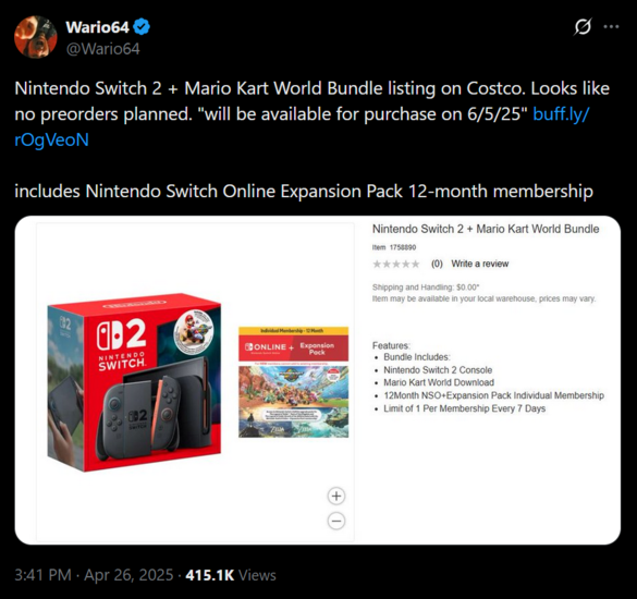 Wario64 Costco Switch 2 Bundle X post (Image source: screenshot, Wario64 X account)