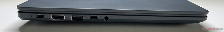 Left: USB-C 3.2 Gen 2 (10 Gbit/s, DisplayPort ALT mode, Power Delivery), HDMI 1.4, USB-A 3.2 Gen 1 (5 Gbit/s), USB-C 3.2 Gen 2 (10 Gbit/s, DisplayPort ALT mode, Power Delivery), 3.5-mm audio