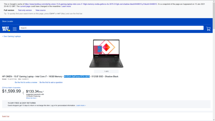 The "2021 HP Omen" sales listing (cached). (Source: Best Buy via Google)