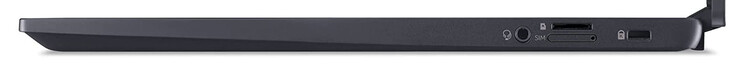On the right: combo audio jack, microSD card reader (top), SIM card slot (bottom, optional), Kensington lock slot