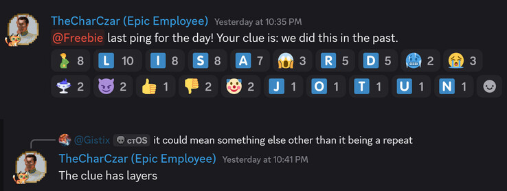 Final free game for 2025 clue shared by Epic Games Store staff (Image source: Discord)