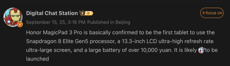 Leaked details of the Honor MagicPad 3 Pro. (Image source: Weibo - machine translated)