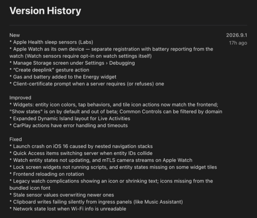 The changelog for Home Assistant app version 2026.9.1 for iOS