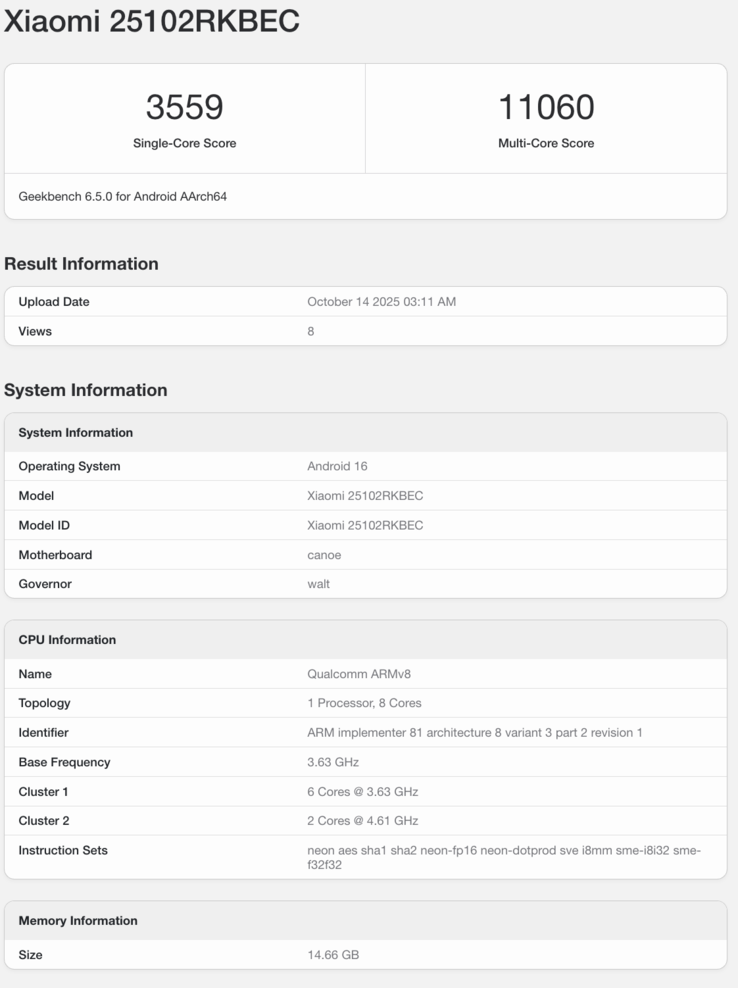 Geekbench listing of the Redmi K90 Pro. (Image source: Geekbench)