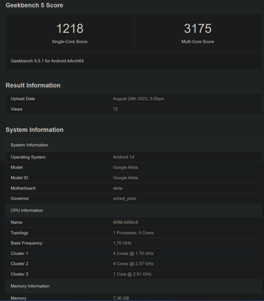 Google Pixel 8a Geekbench listing (image via Geekbench)