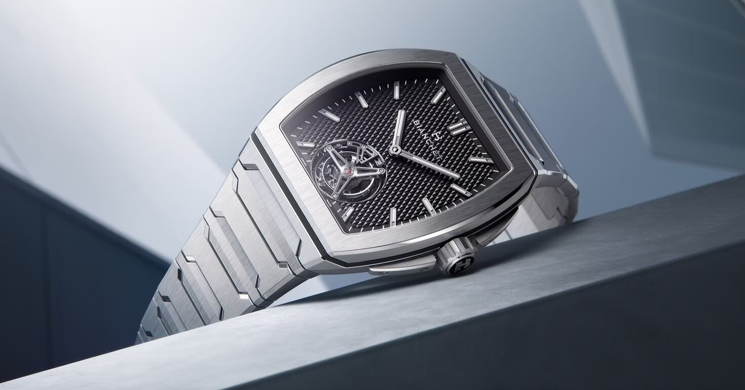 Angled view of the Bianchet B 1.618 UltraFino highlighting the flying tourbillon and textured dial design (Image source: Bianchet Official Website)