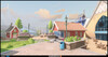 A bright waterfront section of Overwatch 2’s Gothenburg story mission contrasts colorful Scandinavian-inspired buildings with signs of recent damage and disruption.