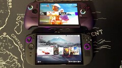 MSI Claw 8 AI+ and Lenovo Legion Go 2 gaming handhelds side by side during a performance comparison.