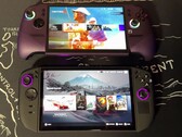 MSI Claw 8 AI+ and Lenovo Legion Go 2 gaming handhelds side by side during a performance comparison.