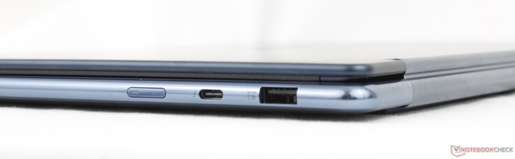 Right: Power button, USB-C (40 Gbps) Thunderbolt 4 w/ DisplayPort 2.1 + Power Delivery 3.0, USB-A 3.2 Gen. 2 (10 Gbps)