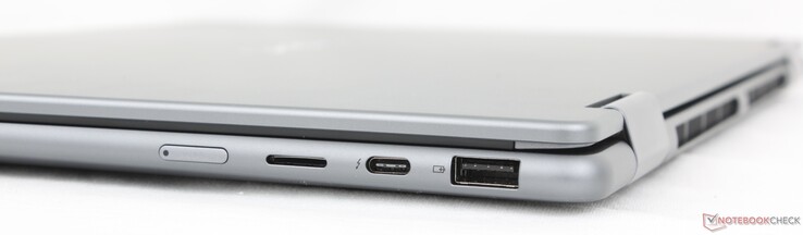 Right: Power button, MicroSD reader, USB-C 4.0 w/ Thunderbolt 4, DisplayPort 2.1 + Power Delivery 3.0, USB-A 3.2 Gen. 1