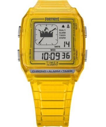 The Q Timex LCA x Fortnite watch displays the Fortnite Victory Crown across the analog clock. (Image source: Timex)