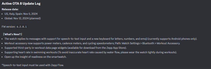 The change log for the Amazfit Active OTA 8 update. (Image source: Zepp Health Discord)